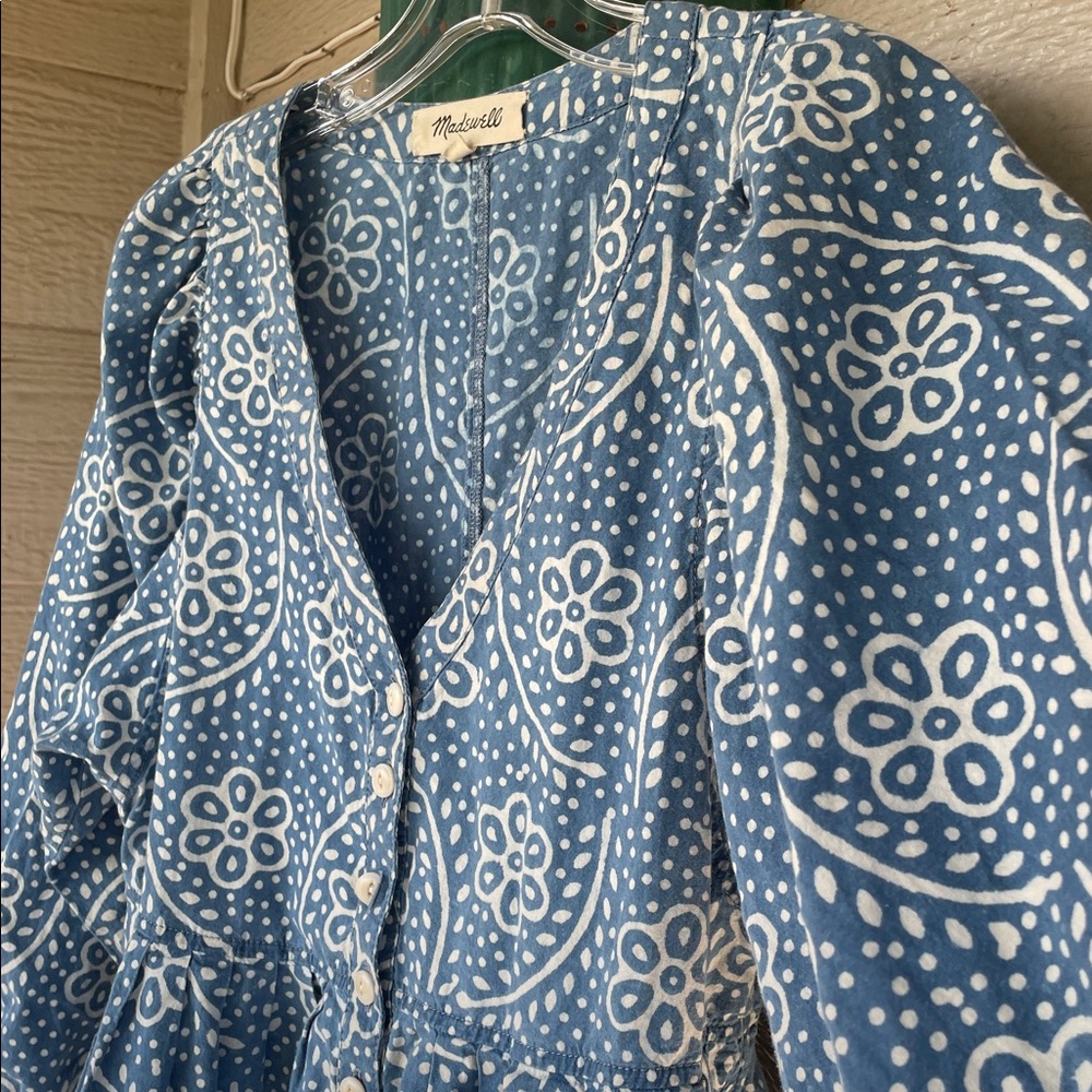 Madewell Indigo Block Print Button Front Balloon Sleeve Mini Dress, Size S - Picture 4 of 6